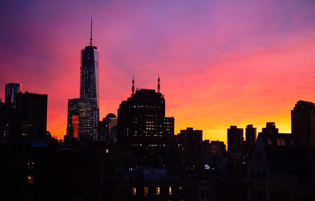 Photo wallpaper the sky, sunset, lights, home, New York, skyscrapers, the evening, USA