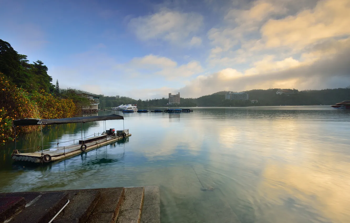 Photo wallpaper water, trees, lake, boat, building, Barkas