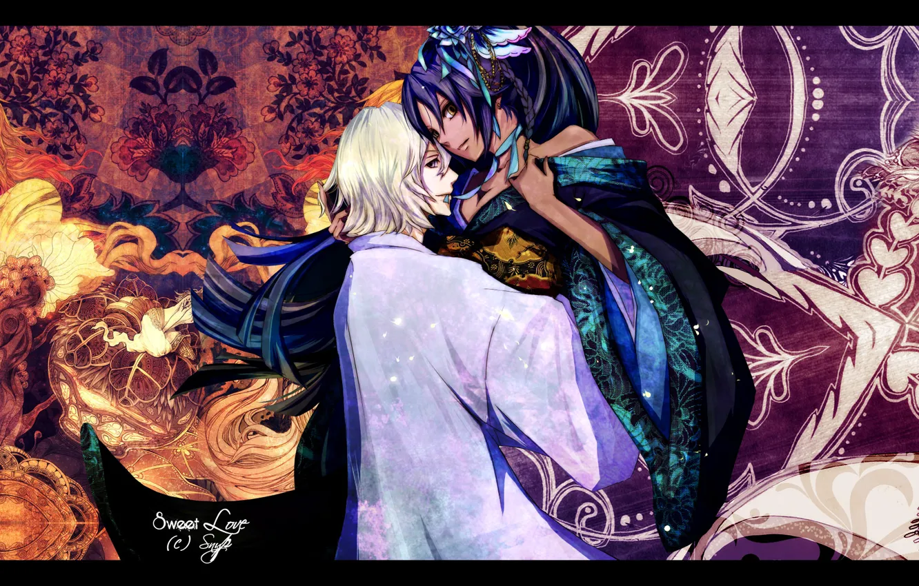 Photo wallpaper flowers, patterns, hugs, kimono, two, Bleach, bleach, Bleach Urahara