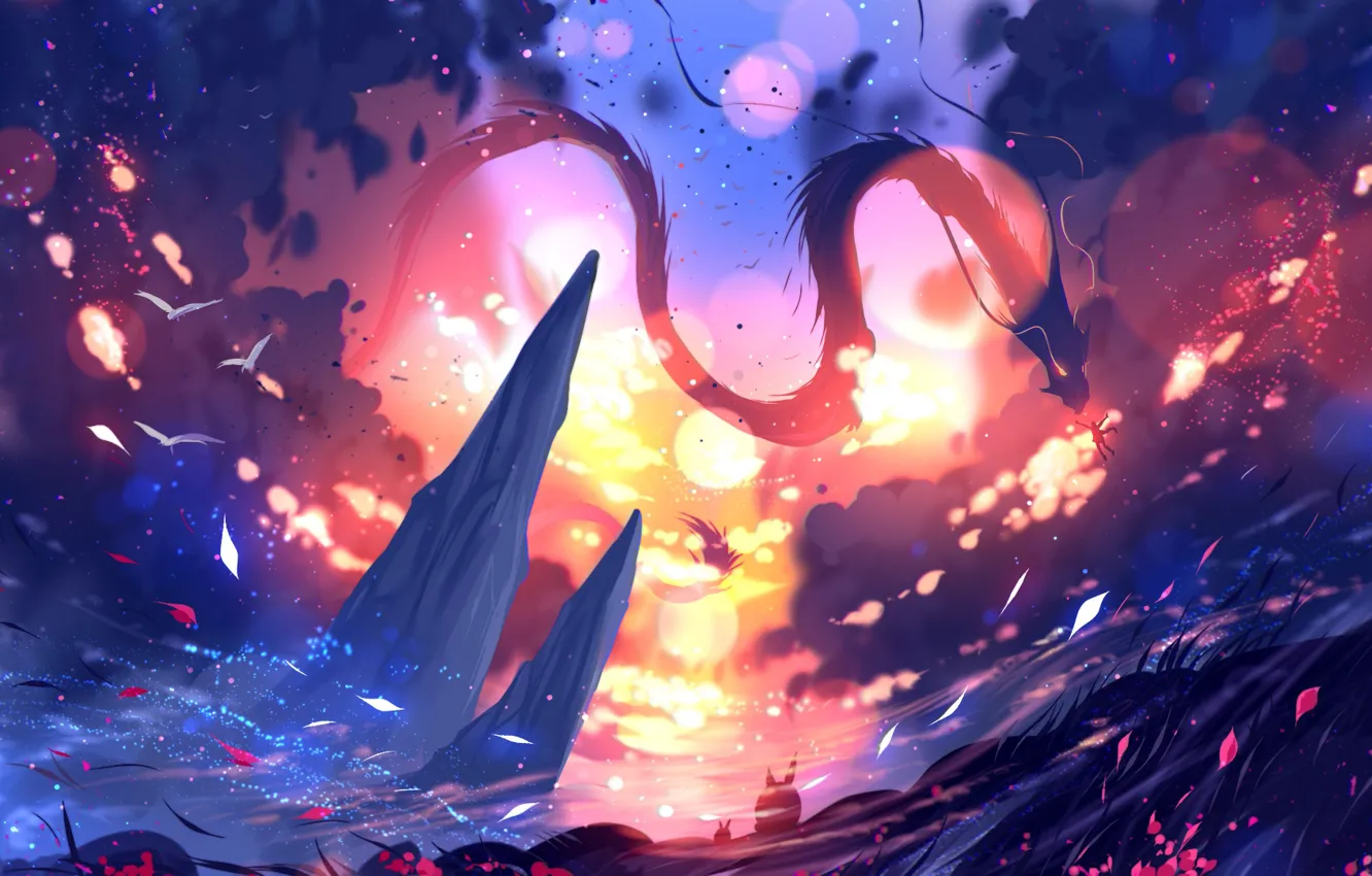 Photo wallpaper the sky, nature, dragon, bokeh, by ryky