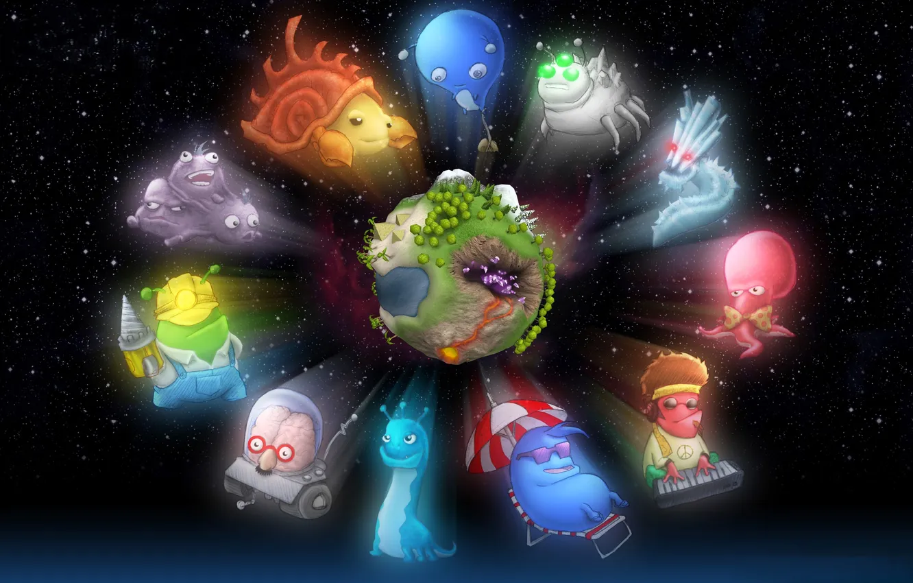 Photo wallpaper space, rays, planet, being, relief, clones
