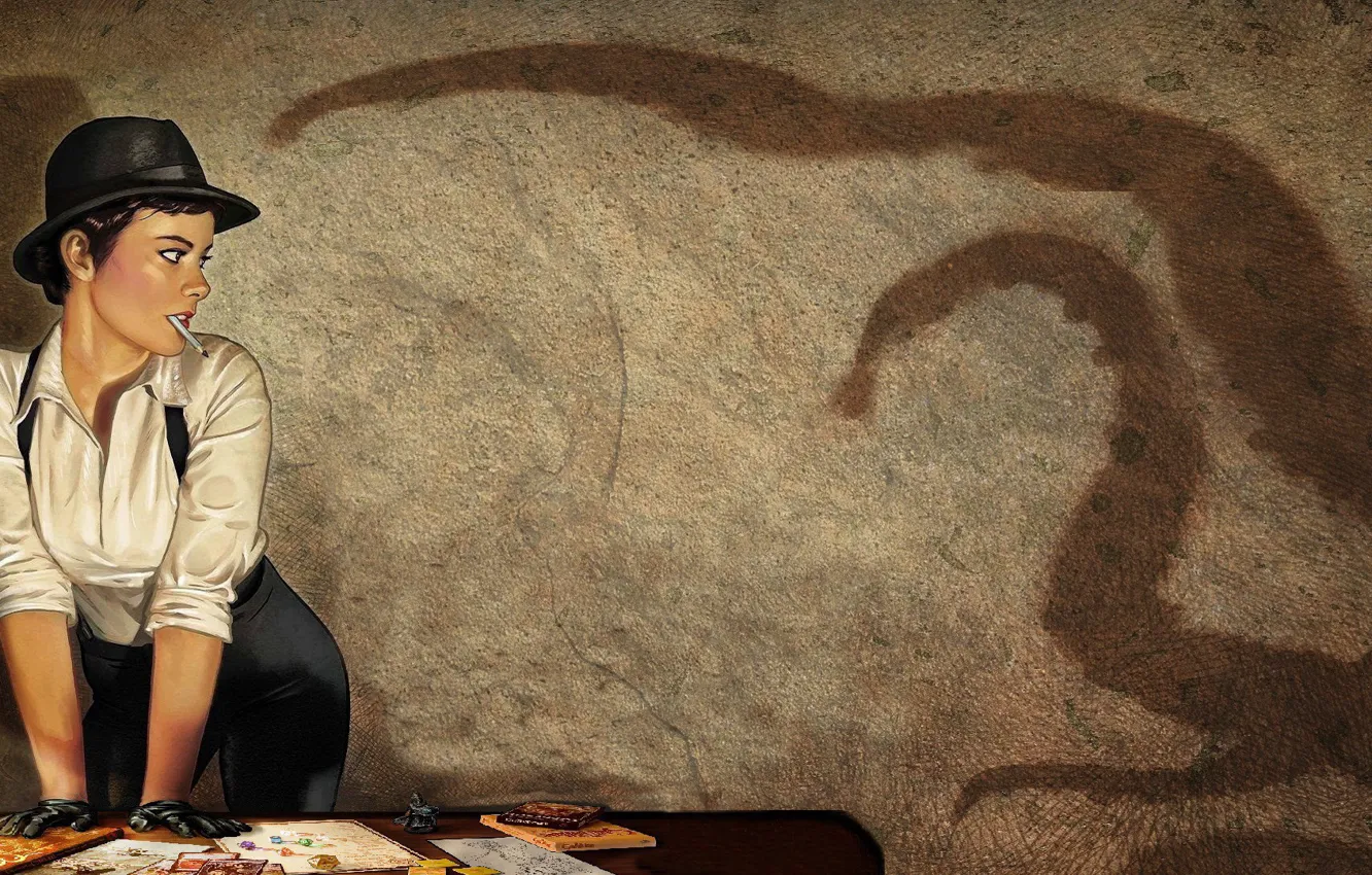 Photo wallpaper girl, fantasy, Cthulhu, hat, cigarette, artwork, shadow, drawing