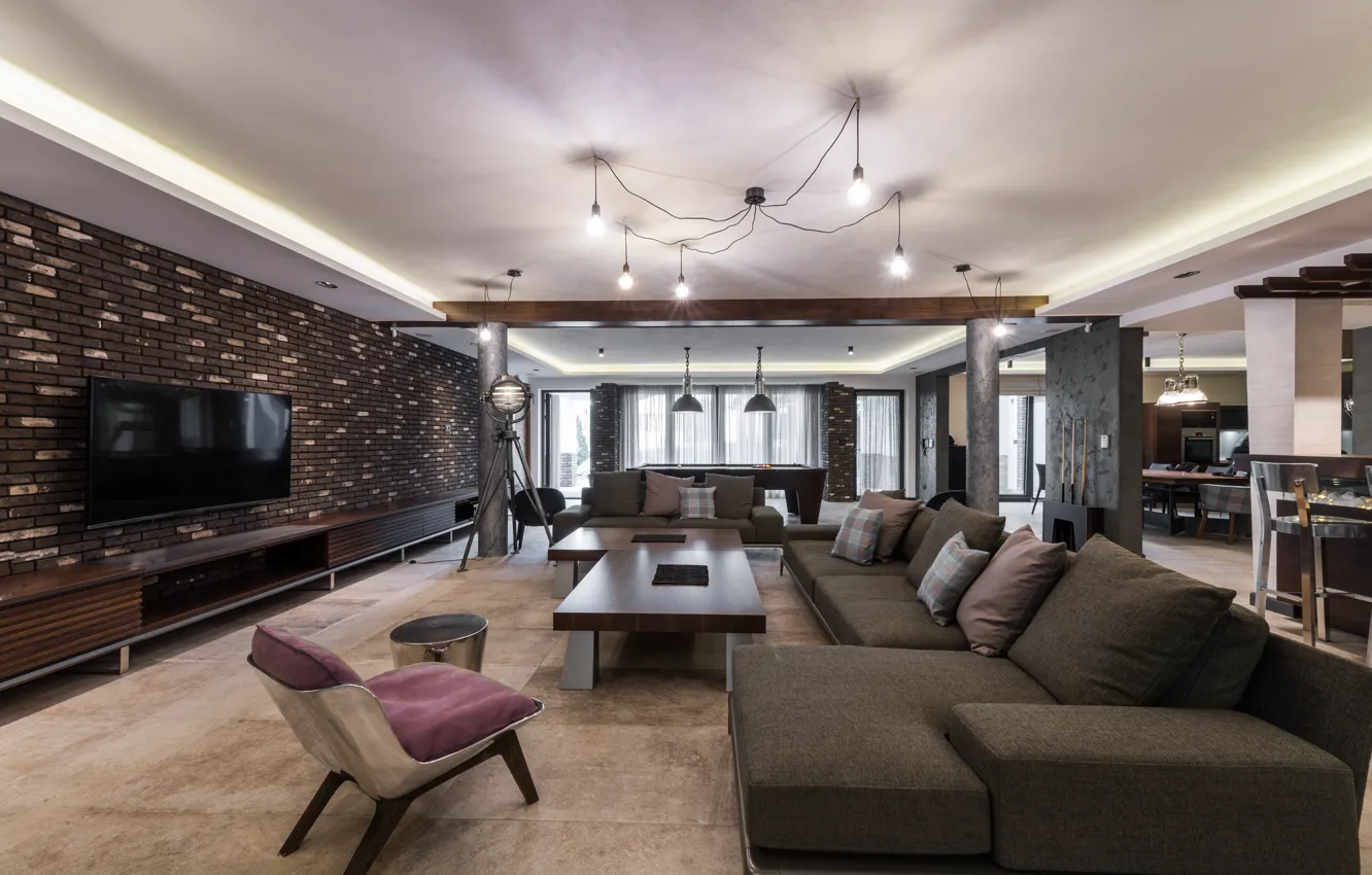 Photo wallpaper design, living room, sofa, Television, brick wall