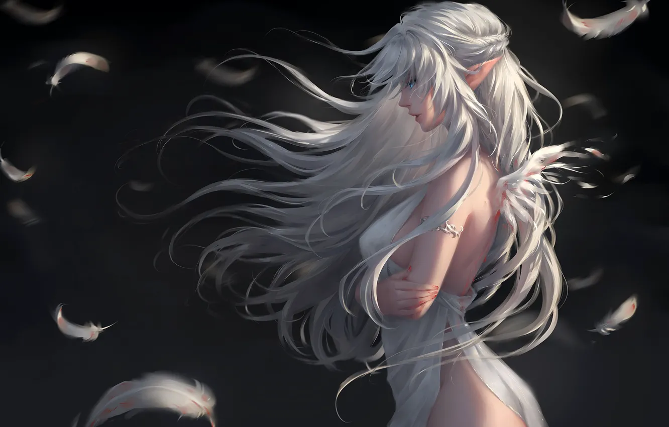 Photo wallpaper girl, elf, feathers