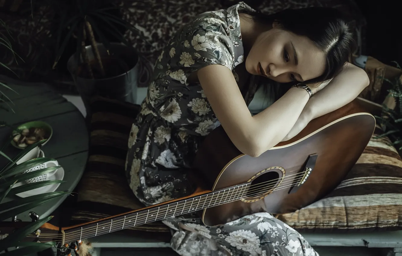 Photo wallpaper girl, music, mood, guitar