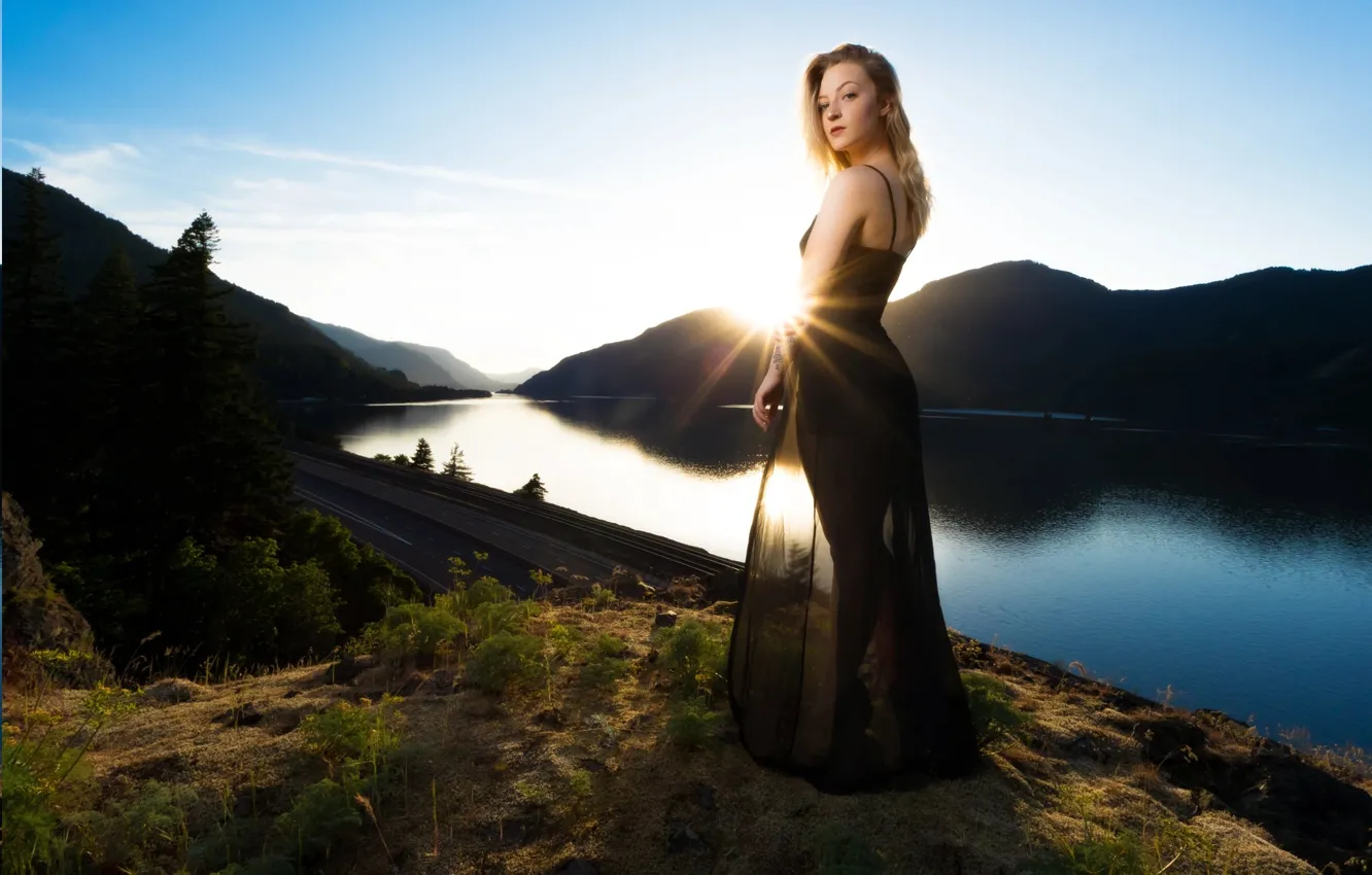 Photo wallpaper Girl, is, in the background, in a black dress, mountains