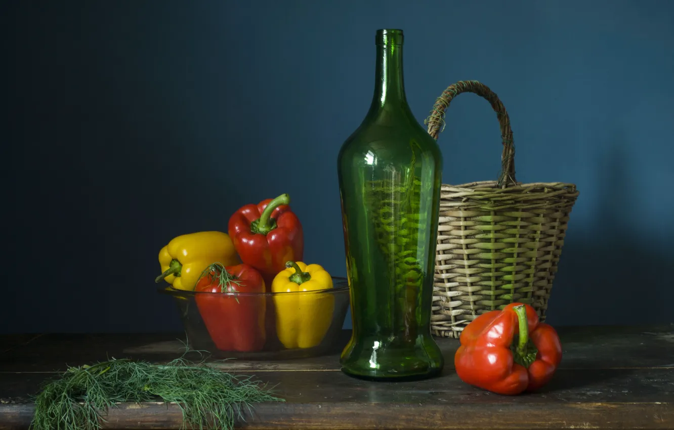 Photo wallpaper table, bottle, food, dill, pepper, bowl, still life, basket