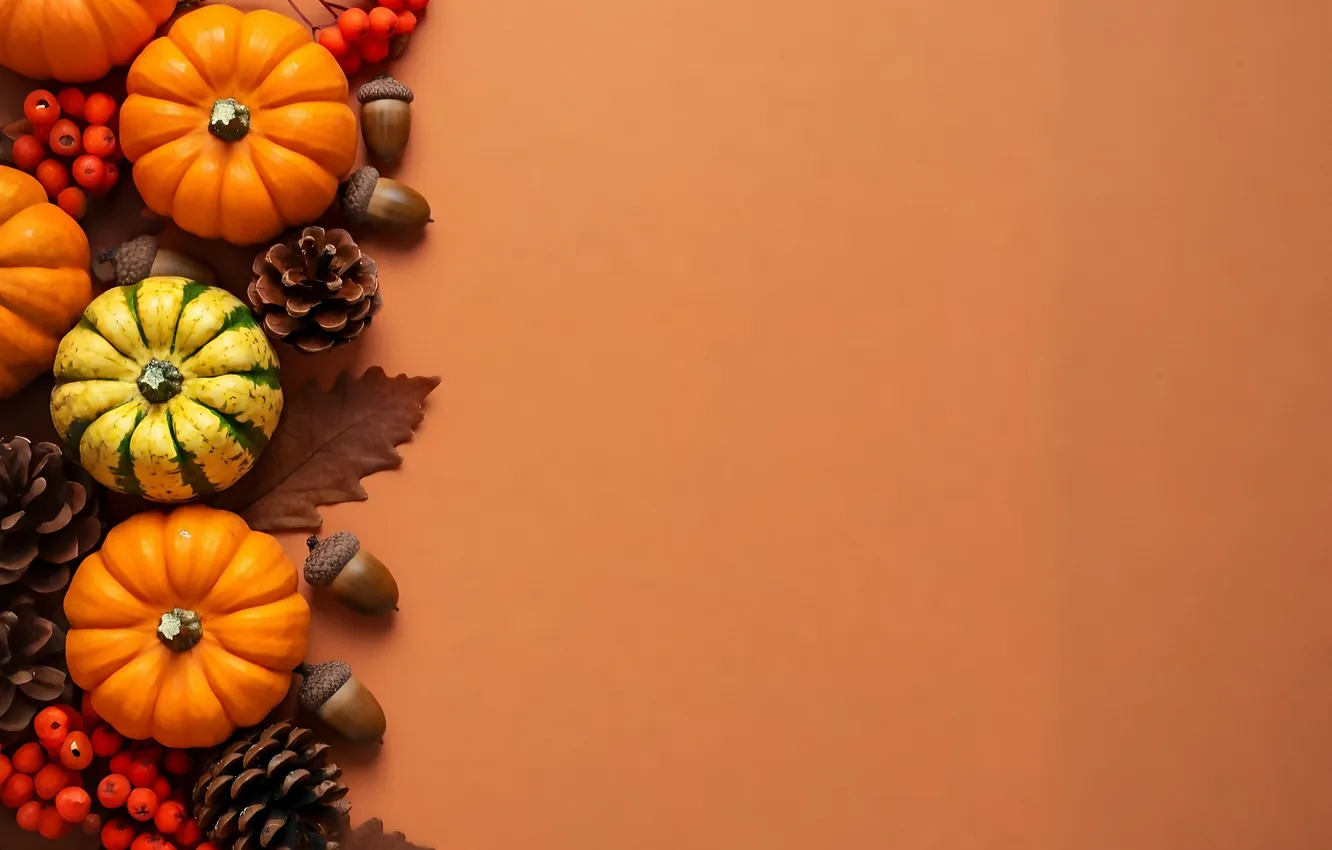 Photo wallpaper leaves, pumpkin, bumps, acorns, AI art