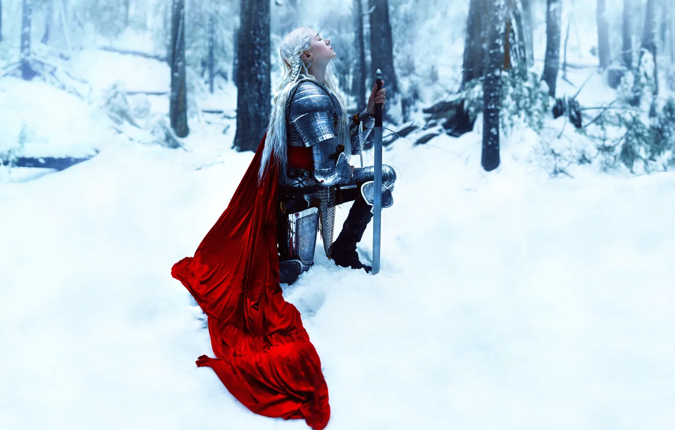Photo wallpaper girl, snow, sword, armor, Kindra Nikole, Nimiane