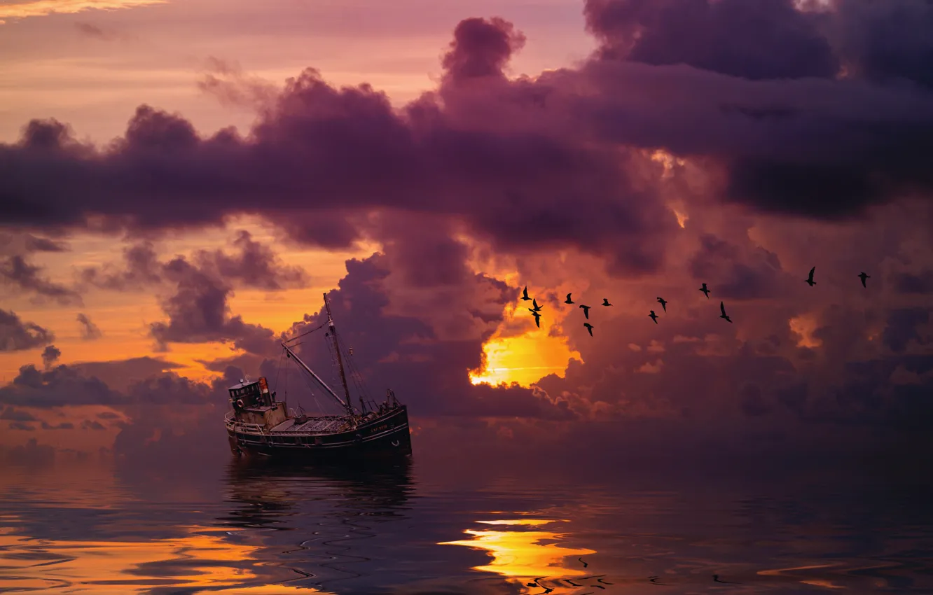 Photo wallpaper sea, the sky, clouds, sunset, birds, clouds, rendering, boat
