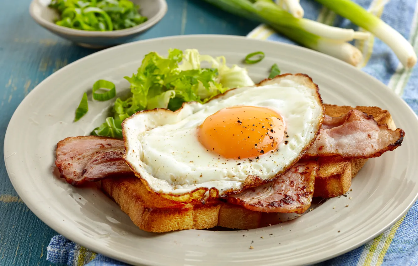 Photo wallpaper food, Breakfast, plate, scrambled eggs, ham, Meat products