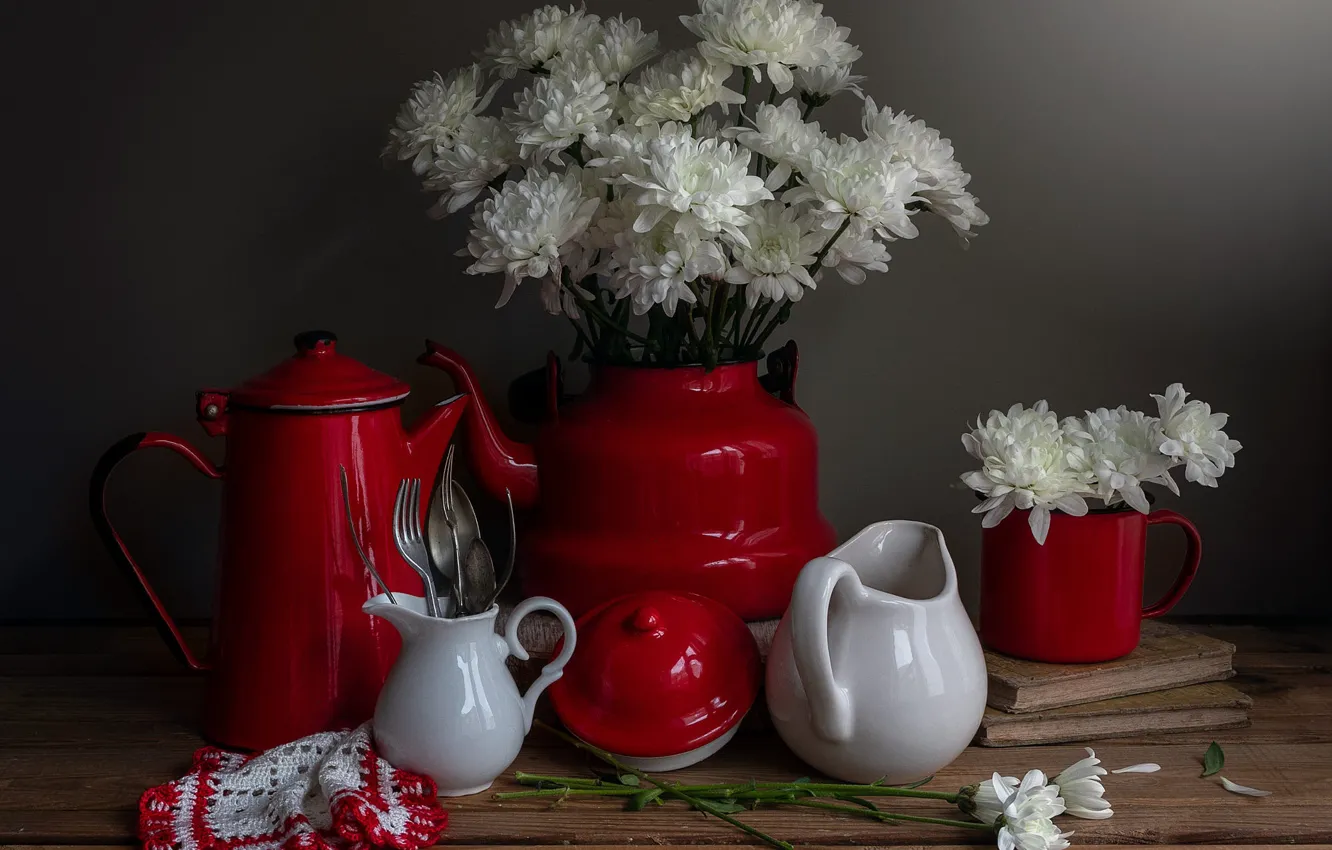 Photo wallpaper flowers, red, the dark background, table, books, bouquet, kettle, dishes