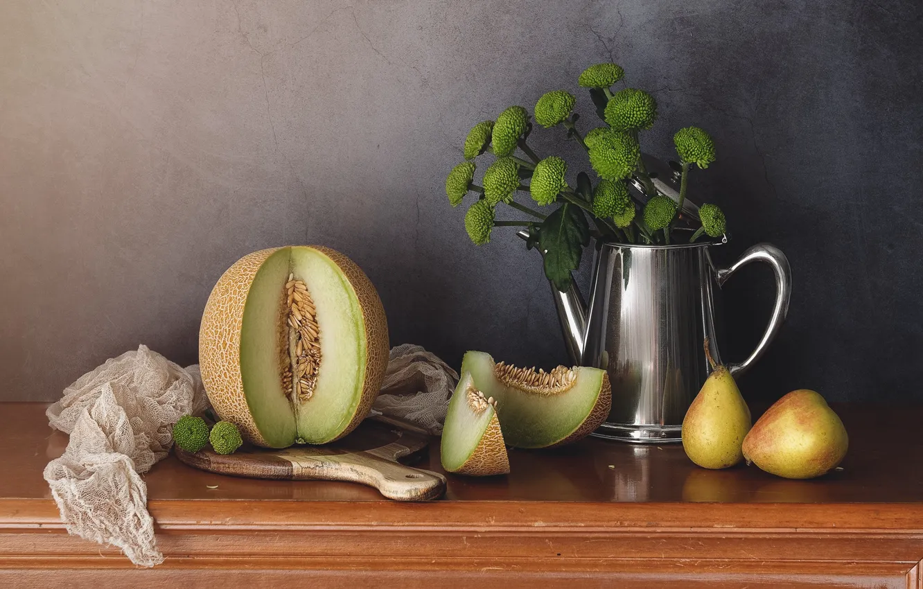 Photo wallpaper flowers, table, bouquet, kettle, fruit, still life, pear, slices