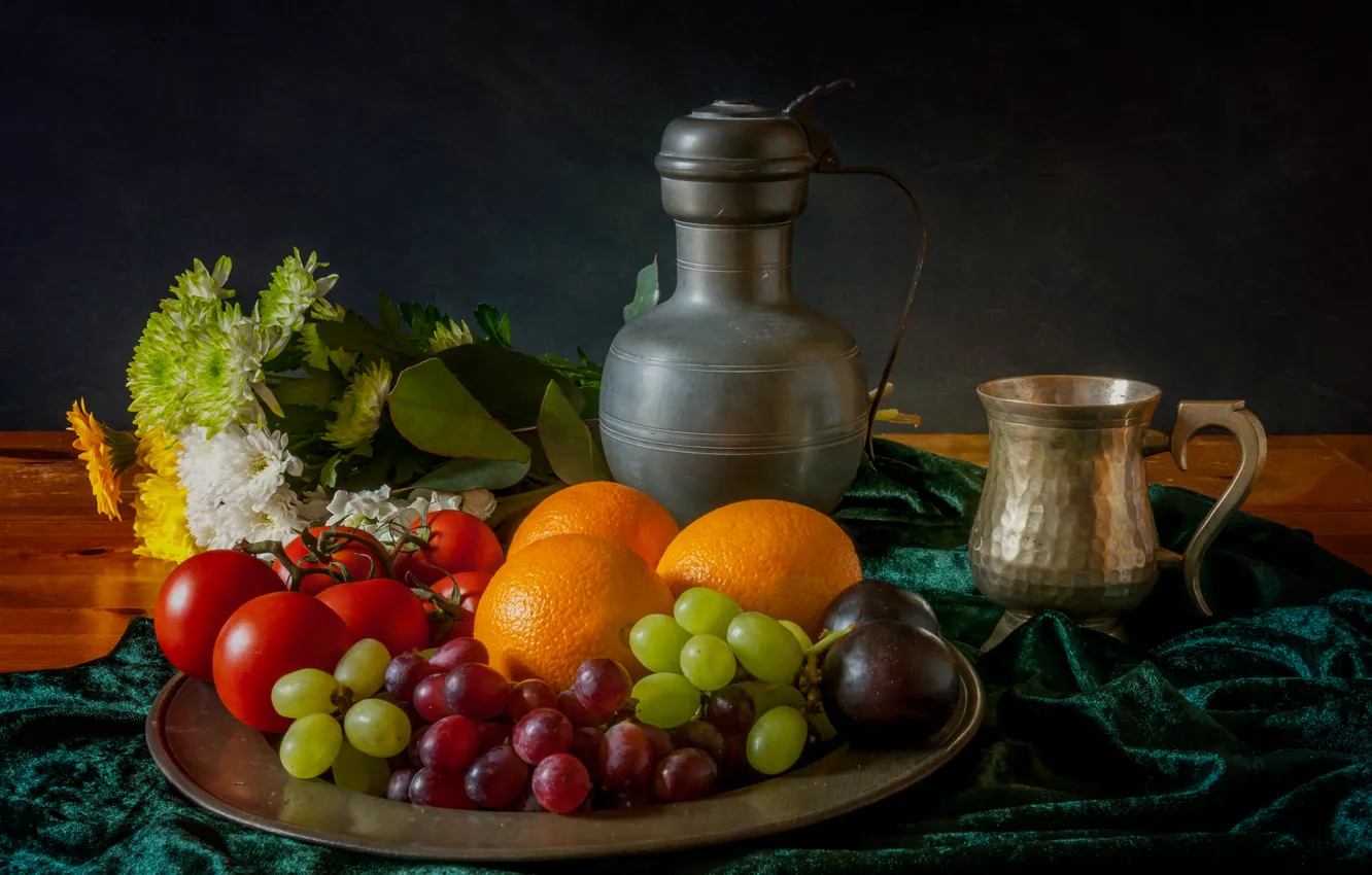 Photo wallpaper flowers, berries, mug, pitcher, fruit, still life, tomatoes