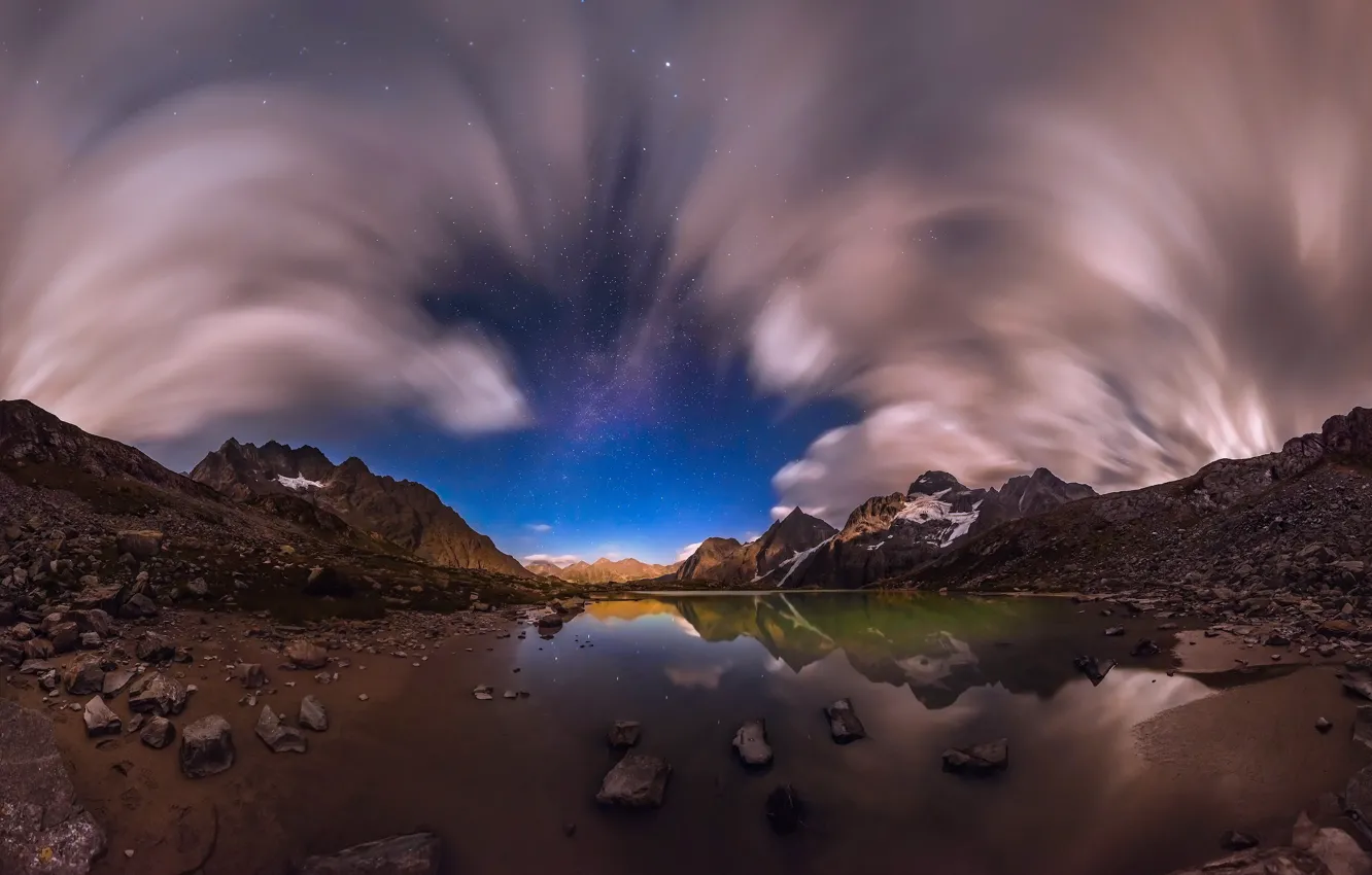 Photo wallpaper stars, clouds, light, mountains, night, lake, reflection, stones