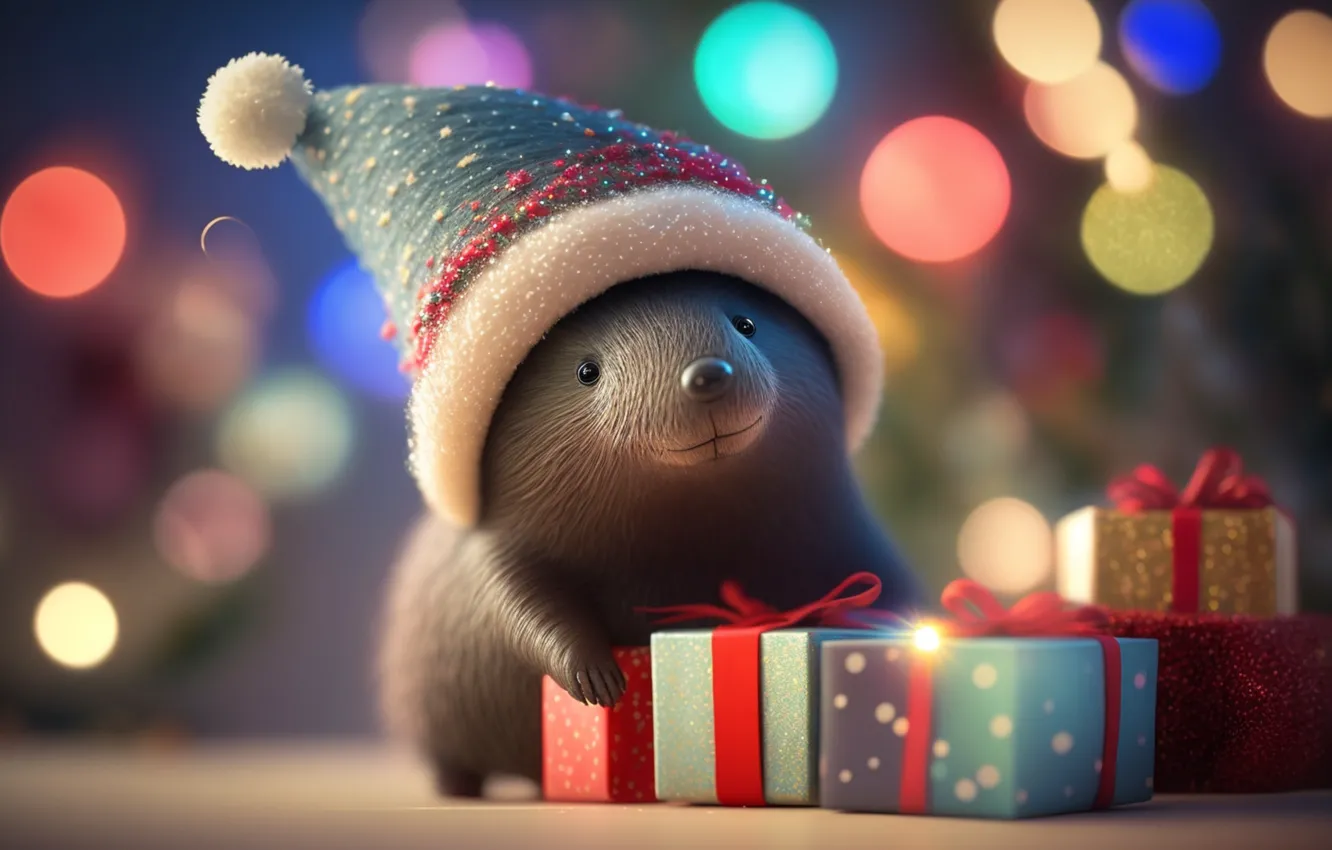 Photo wallpaper gift, new year, Christmas, beaver, cap, animal, otter, mole