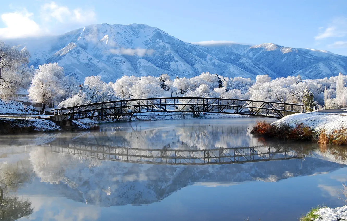Photo wallpaper winter, frost, snow, mountains, bridge, river, Nature