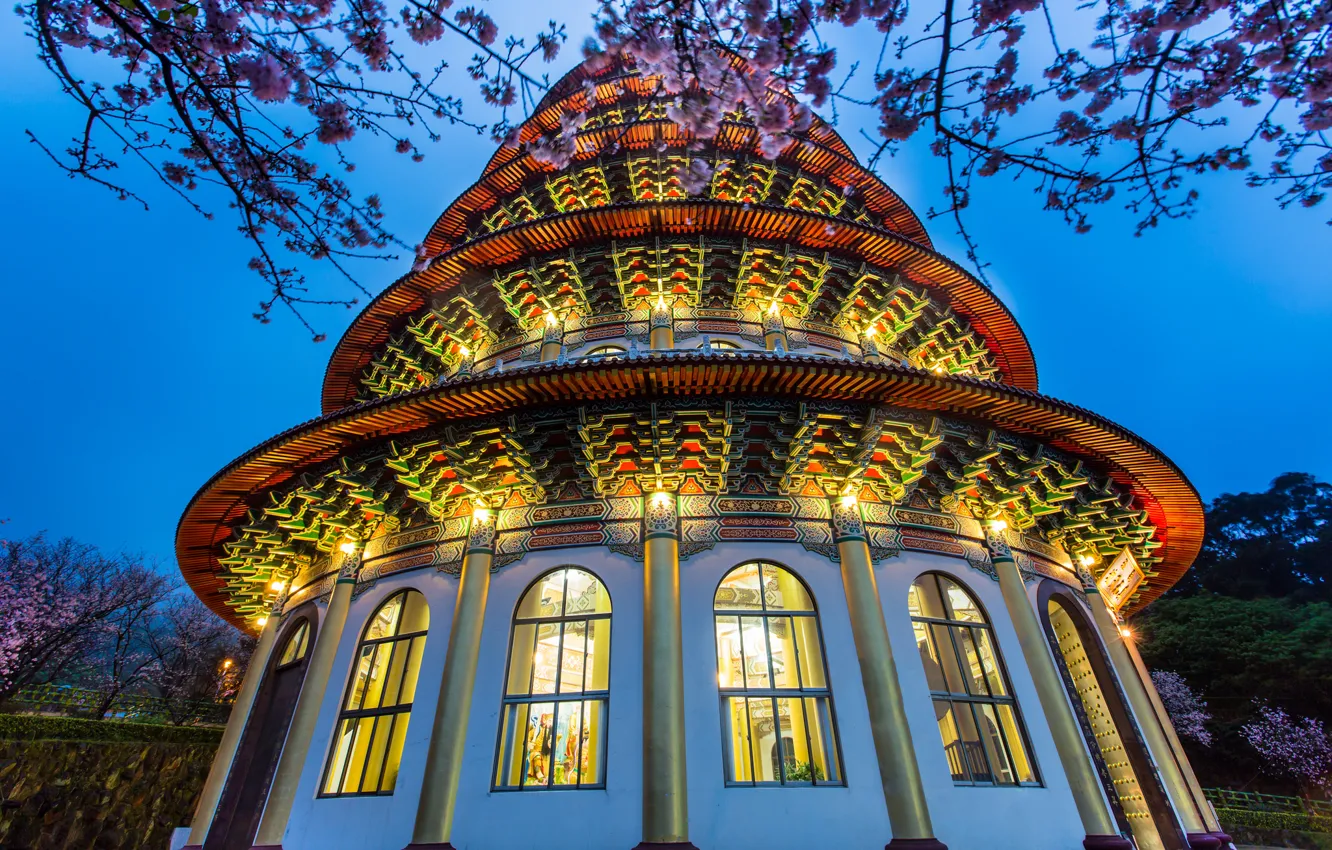 Photo wallpaper the sky, trees, blue, the evening, lighting, Taiwan, temple, flowering