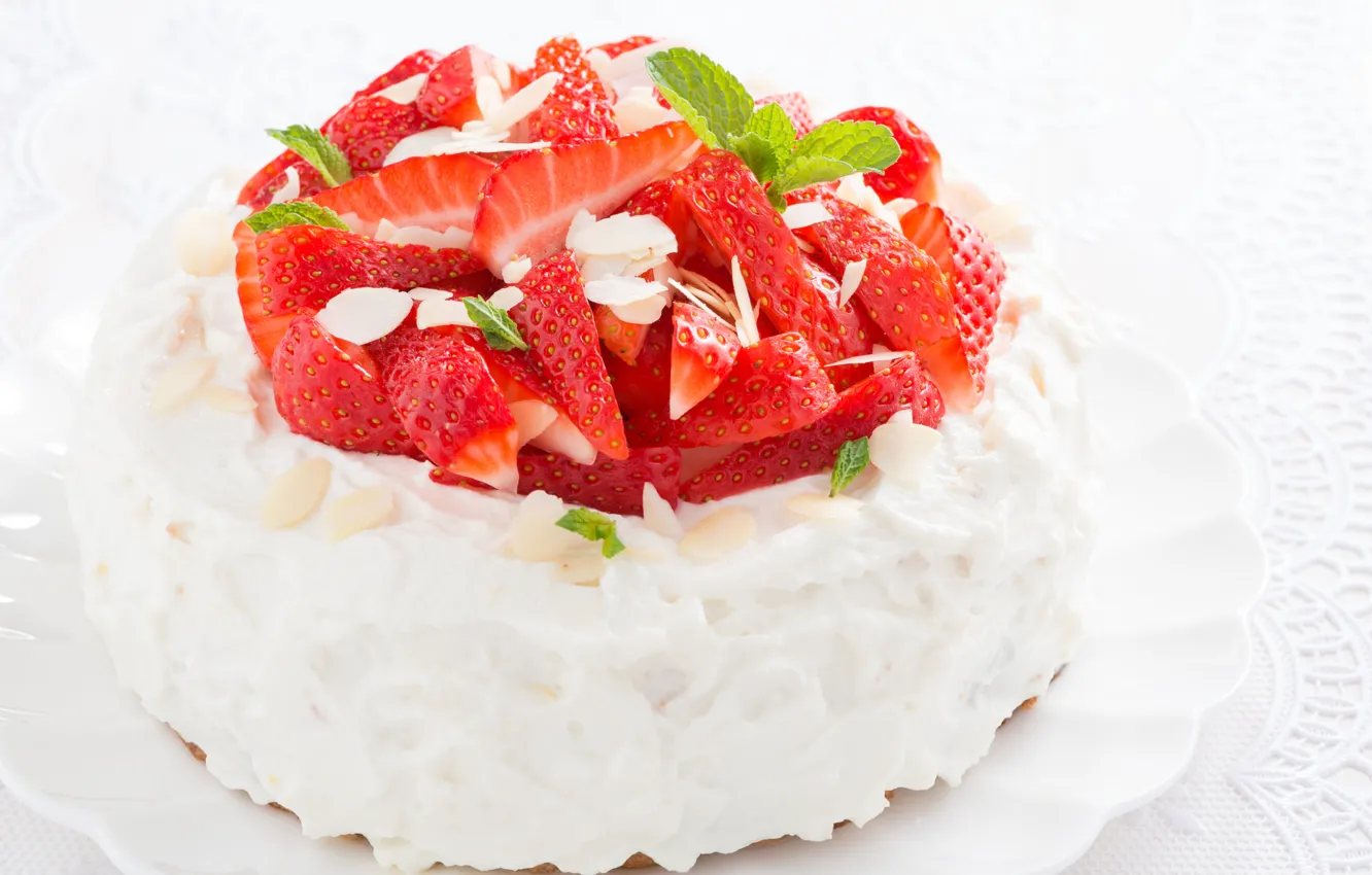 Photo wallpaper berries, strawberry, cake, mint, dessert