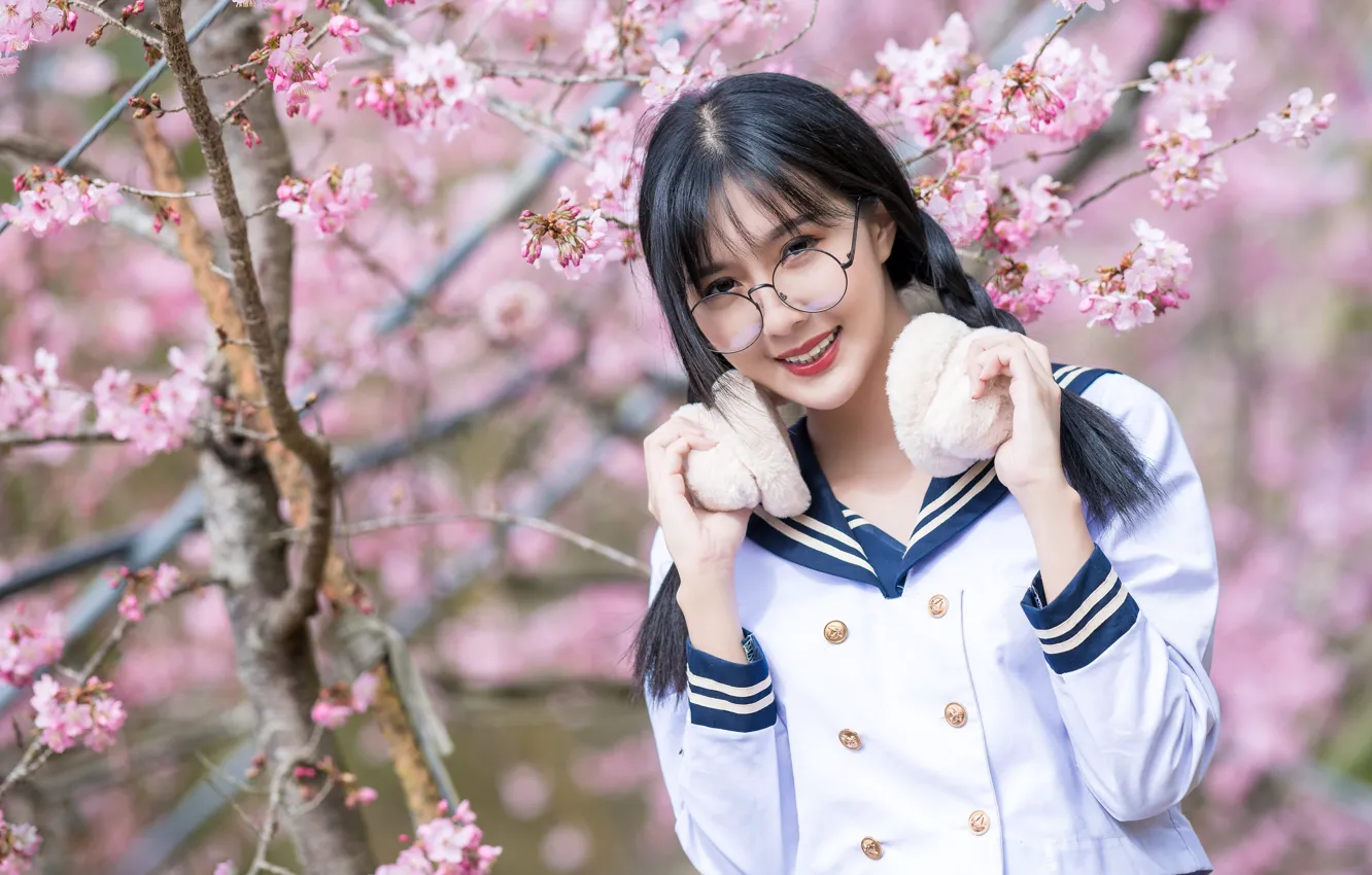 Photo wallpaper branches, spring, brunette, Asian, flowering, cutie