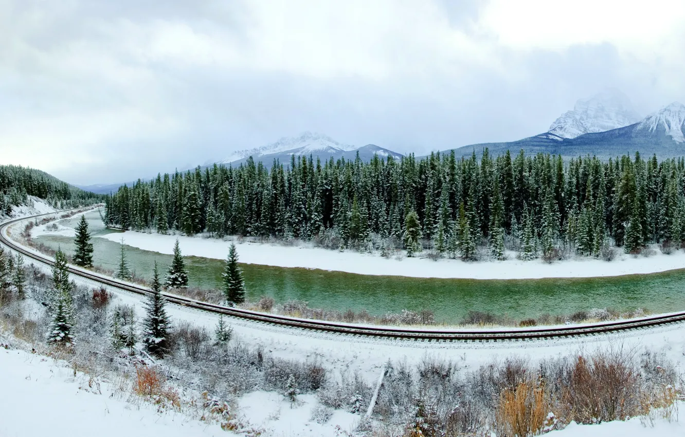 Photo wallpaper winter, forest, snow, trees, mountains, Canada, panorama, railroad