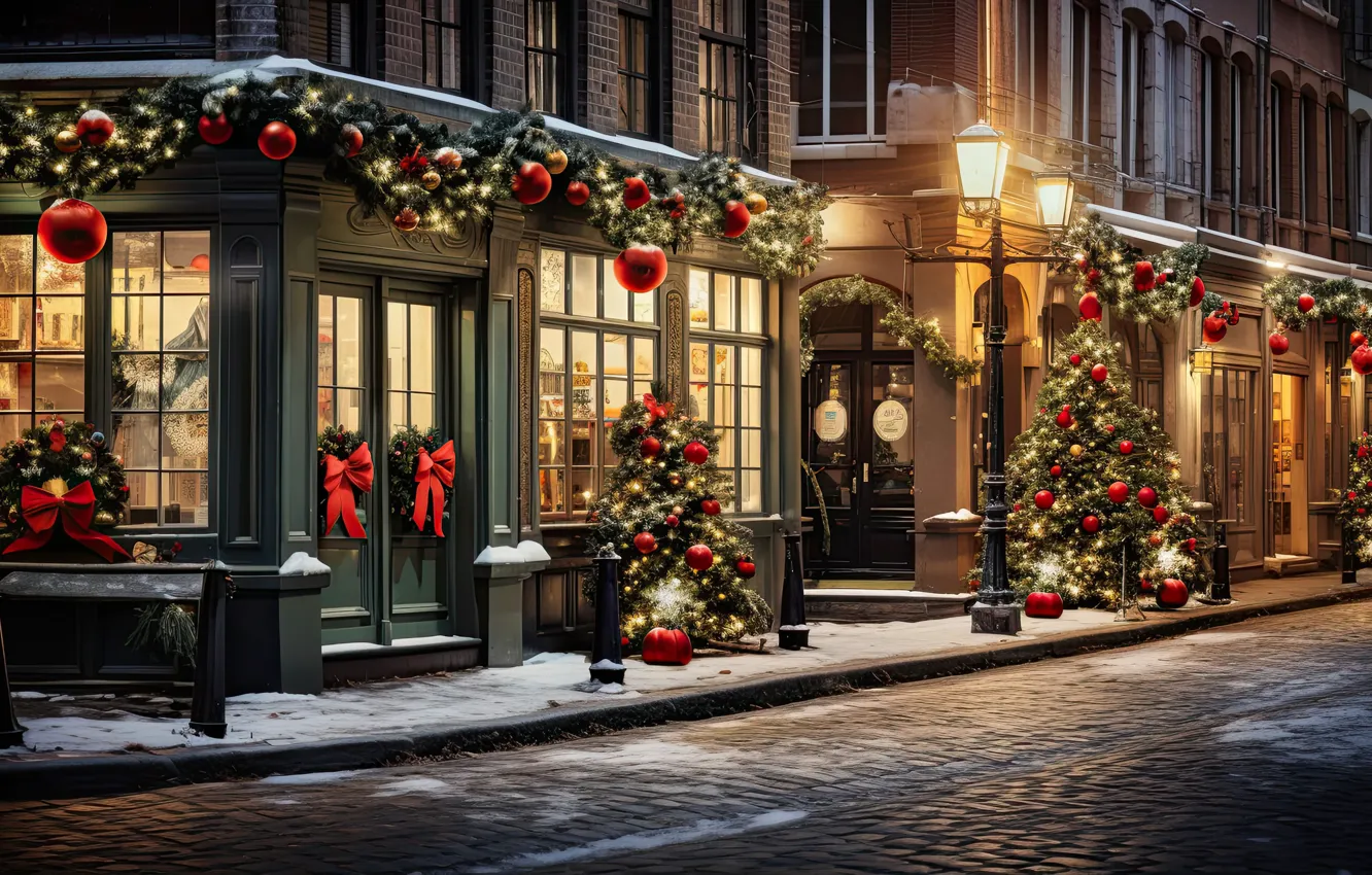 Photo wallpaper winter, snow, decoration, night, the city, lights, street, tree