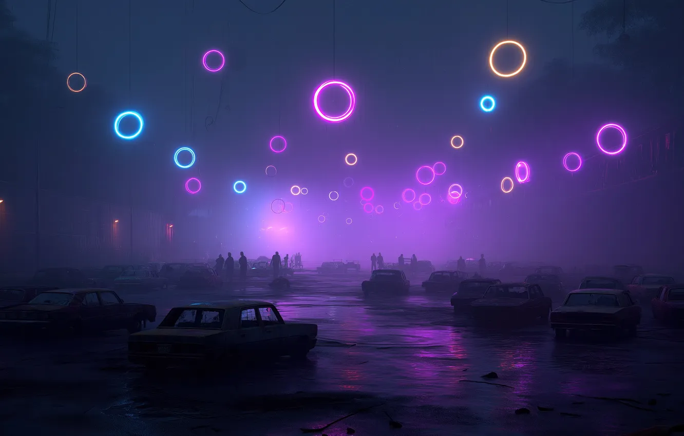 Photo wallpaper car, auto, night, fog, ring, neon, silhouette, night