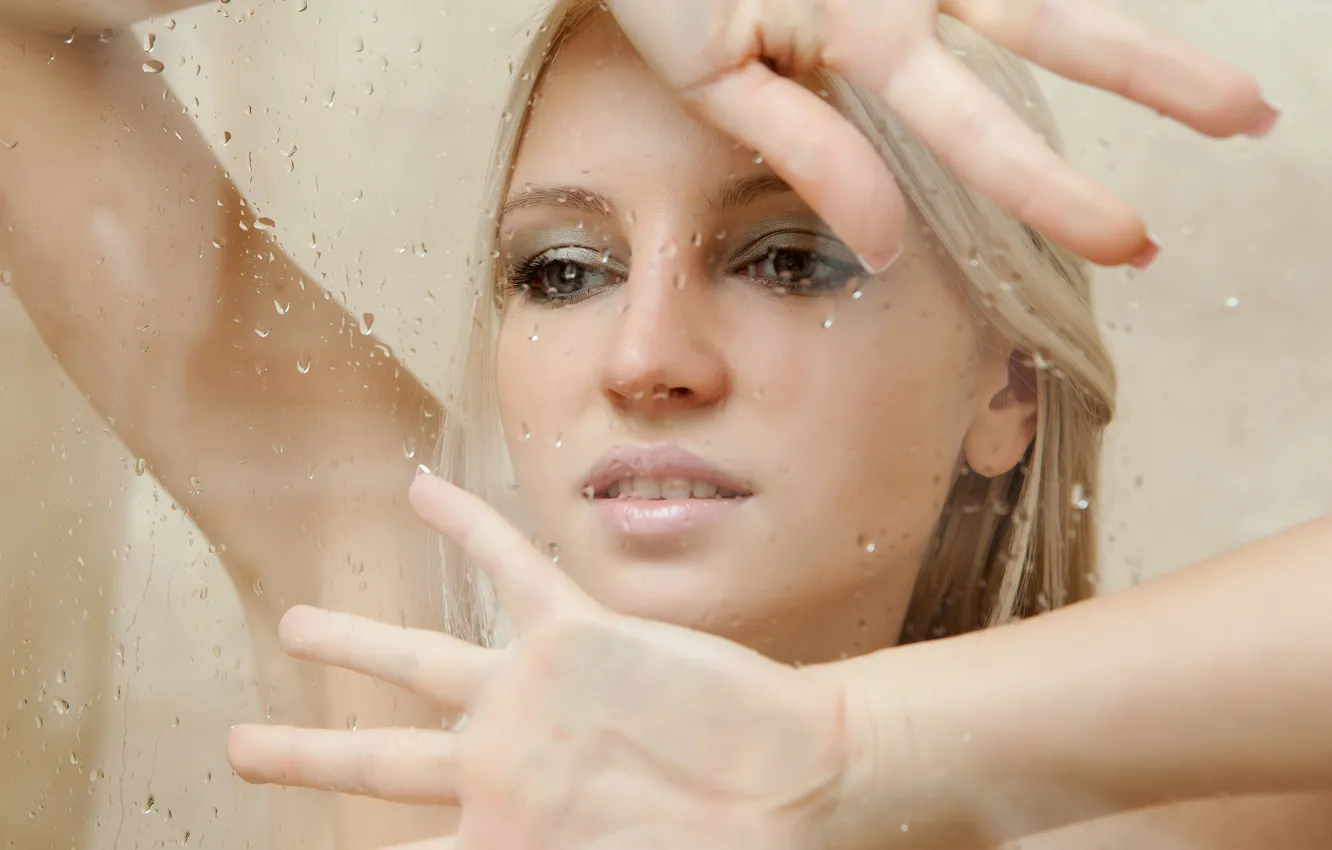 Photo wallpaper girl, drops, face, model, hands, Alysha A, behind the glass