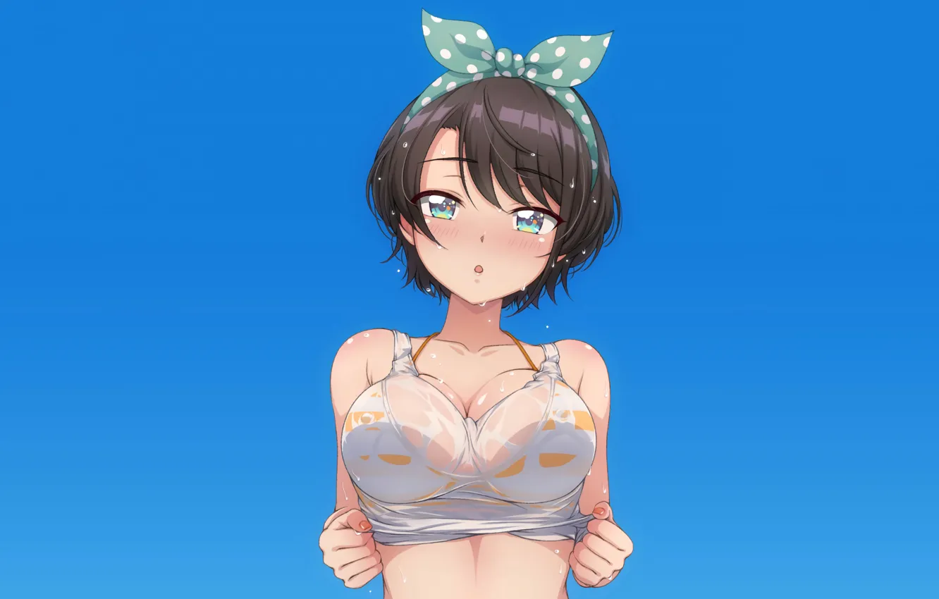 Photo wallpaper girl, sexy, wet, cleavage, boobs, anime, beautiful, short hair