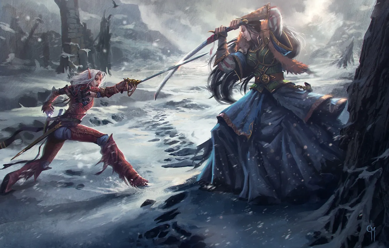 Photo wallpaper snow, girls, sword, art, battle, elf