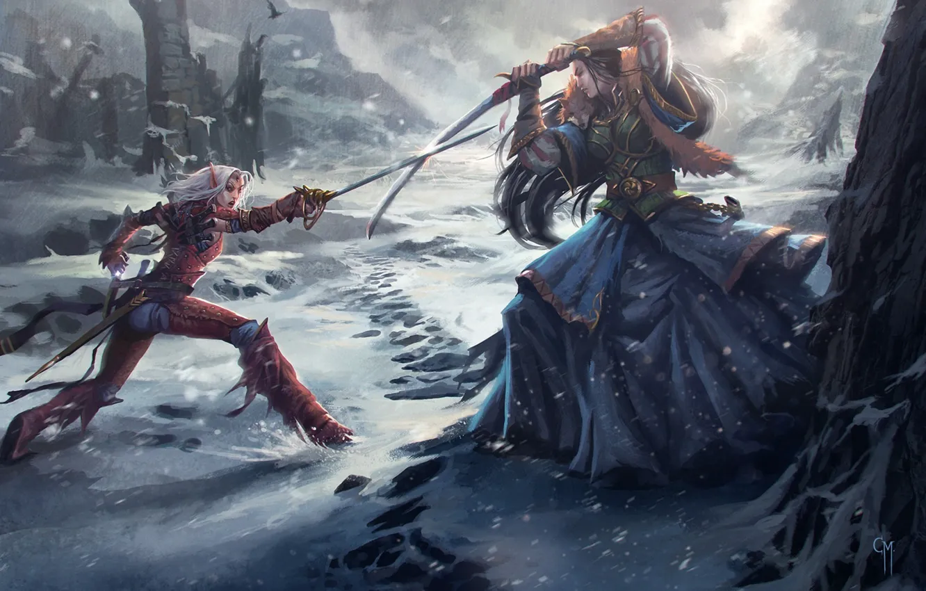Photo wallpaper girl, snow, sword, art, battle, elf