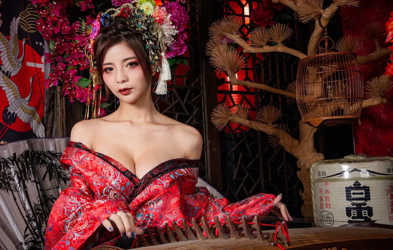 Photo wallpaper look, girl, kimono, Asian