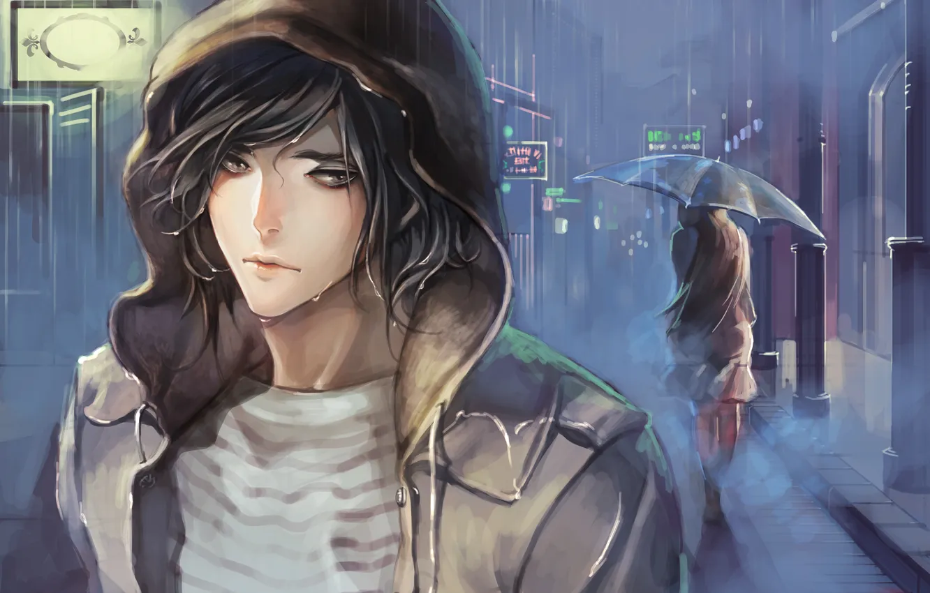 Photo wallpaper girl, rain, street, umbrella, art, hood, guy