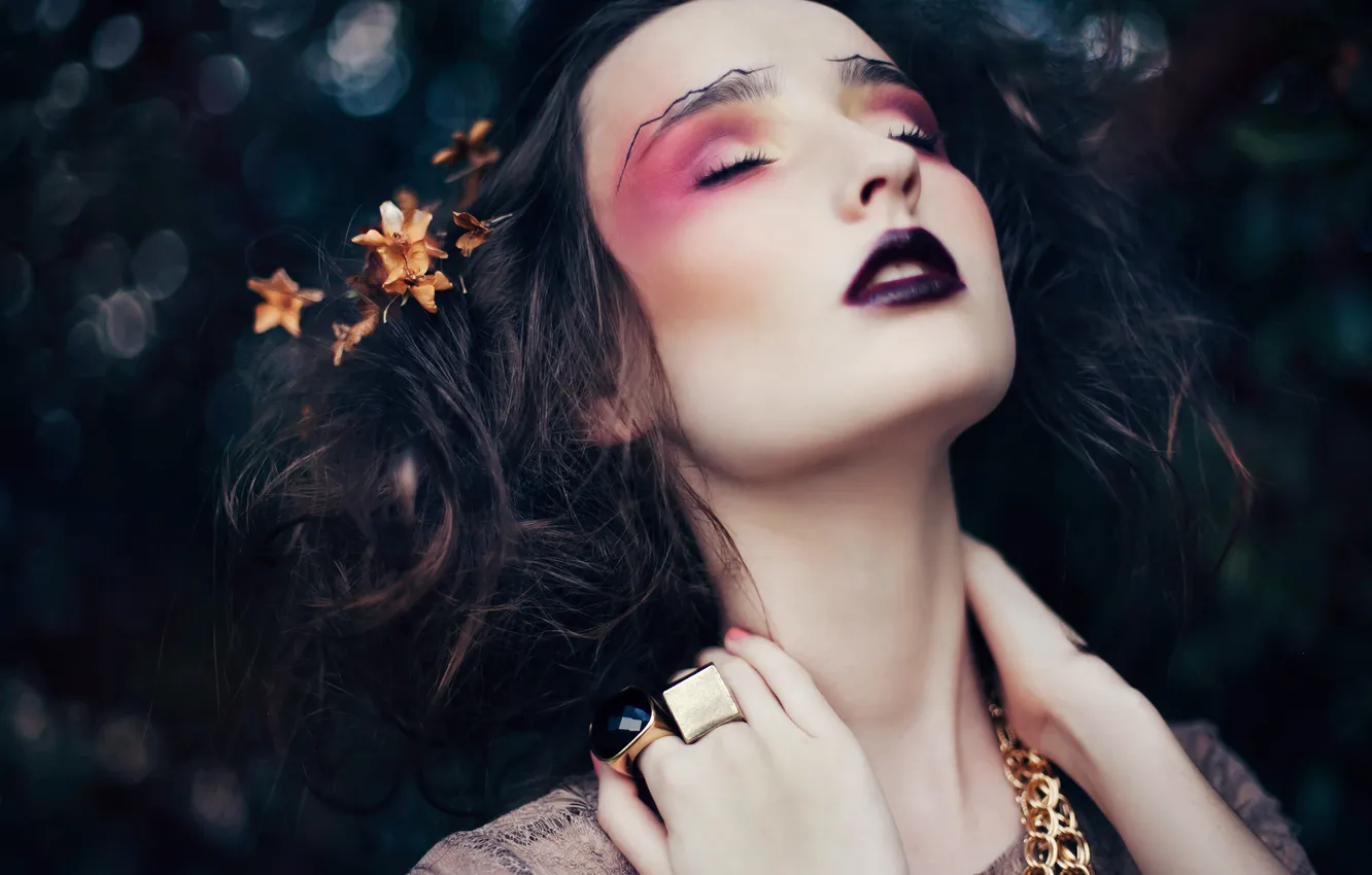 Photo wallpaper girl, flowers, makeup, ring, fashion, dark-haired, pallor