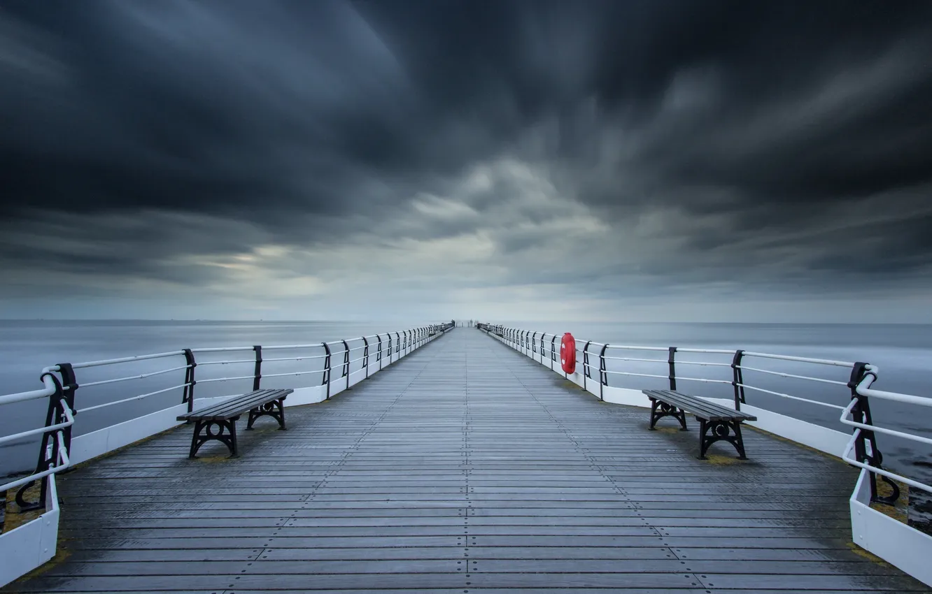 Photo wallpaper sea, bridge, bench