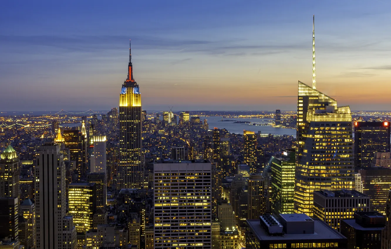 Photo wallpaper the sky, sunset, New York, Manhattan, The Empire state building, United States