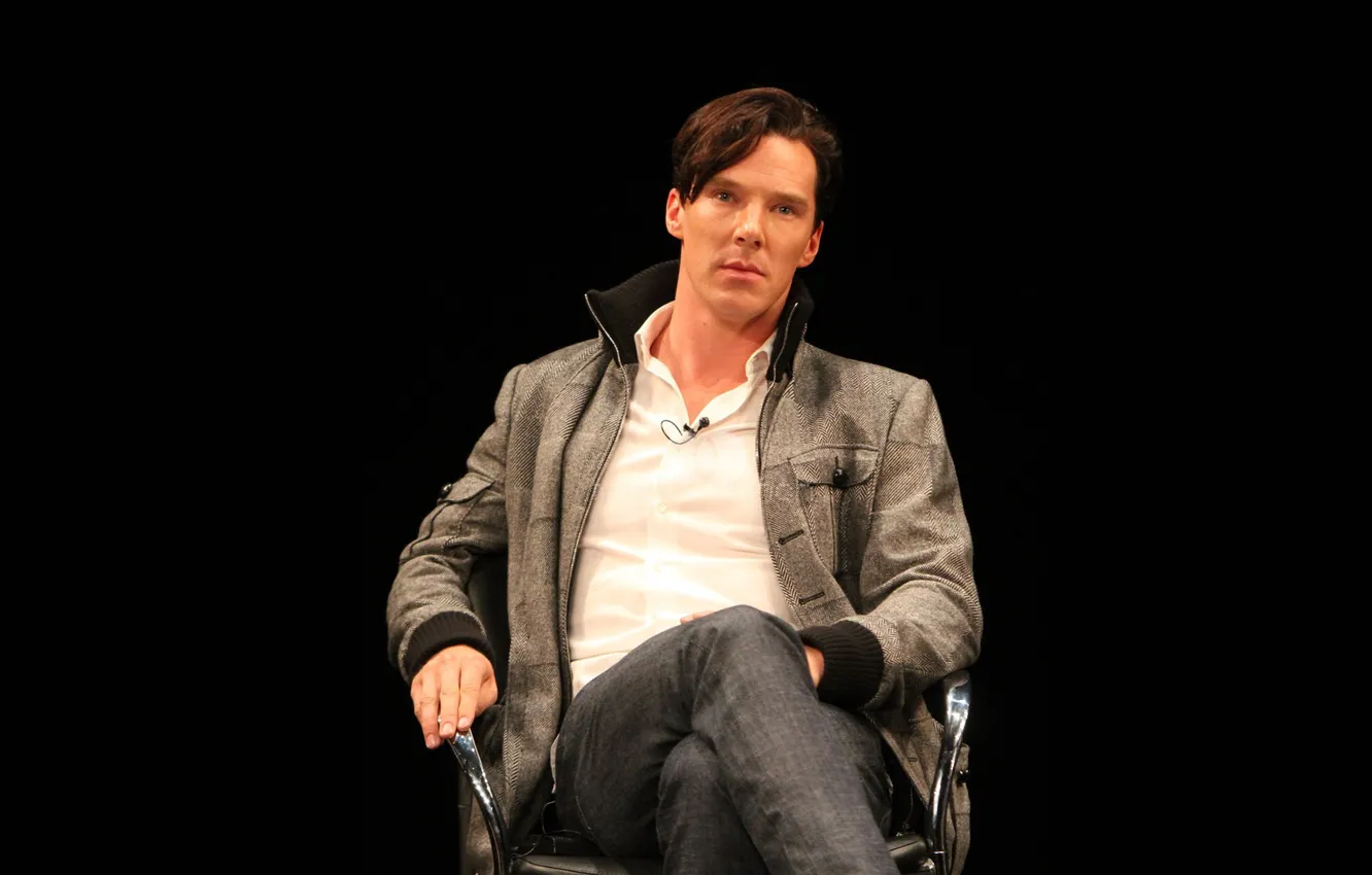 Photo wallpaper look, background, chair, sitting, black background, handsome, Benedict Cumberbatch, Benedict Cumberbatch