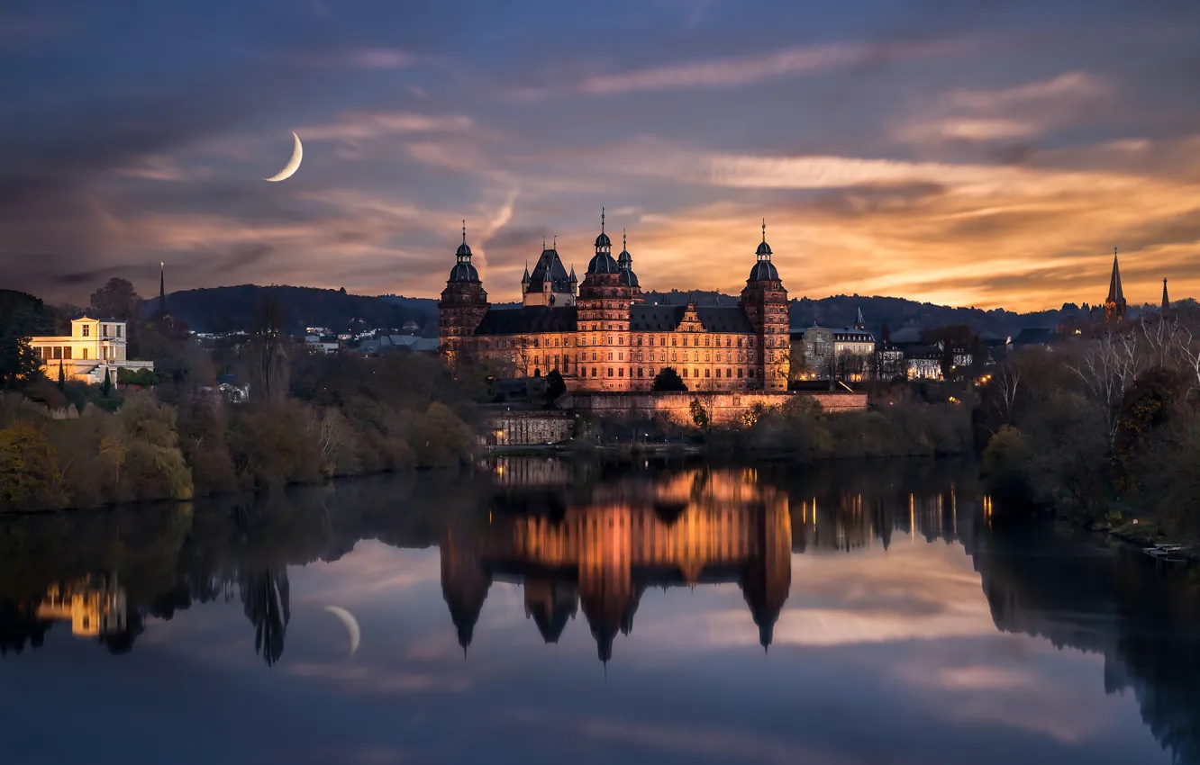 Photo wallpaper water, reflection, night, the city, castle, the moon, Germany, Aschaffenburg