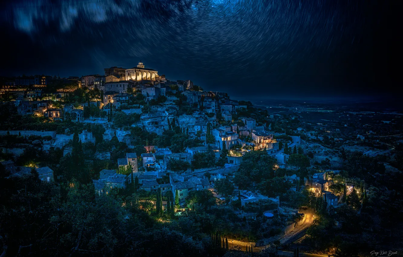 Photo wallpaper mountains, night, the city, lights