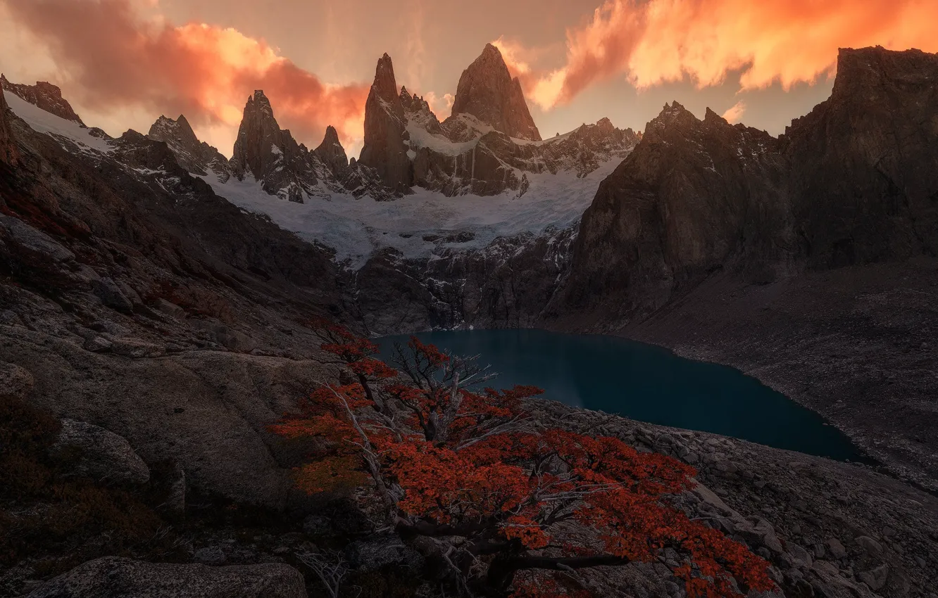 Photo wallpaper autumn, clouds, snow, sunset, mountains, lake, stones, shore