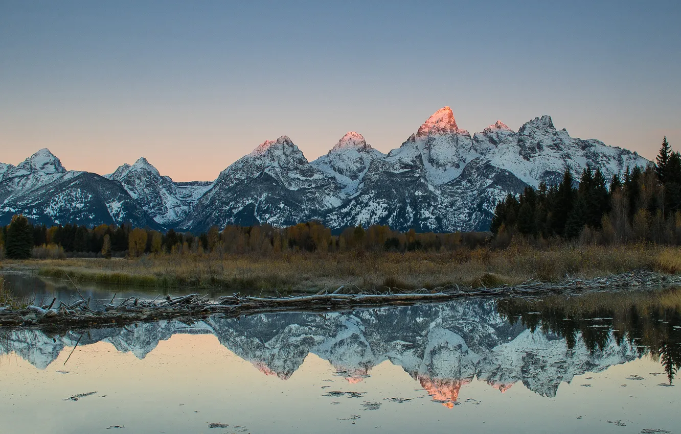 Photo wallpaper snow, mountains, lake, reflection, tops