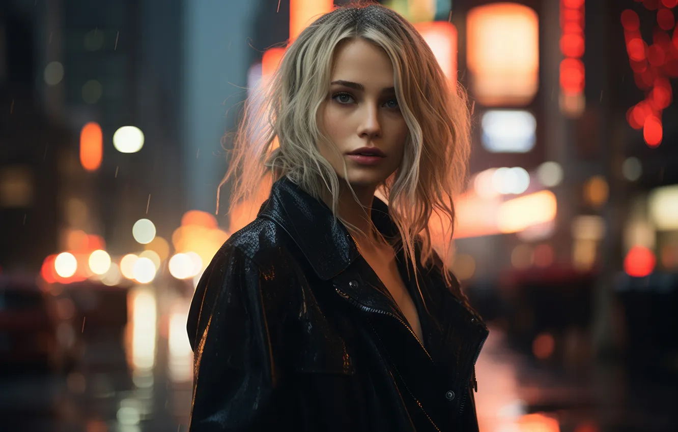 Photo wallpaper look, girl, night, face, the city, lights, portrait, jacket