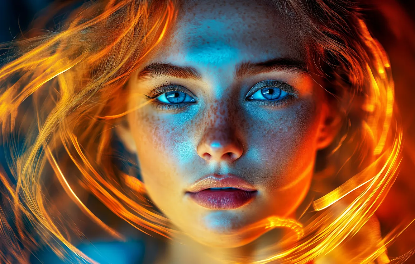 Photo wallpaper look, girl, pose, movement, portrait, freckles, the reflection, blue eyes