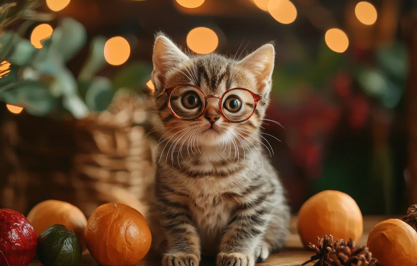 Photo wallpaper cat, look, balls, lights, pose, grey, glasses, fruit