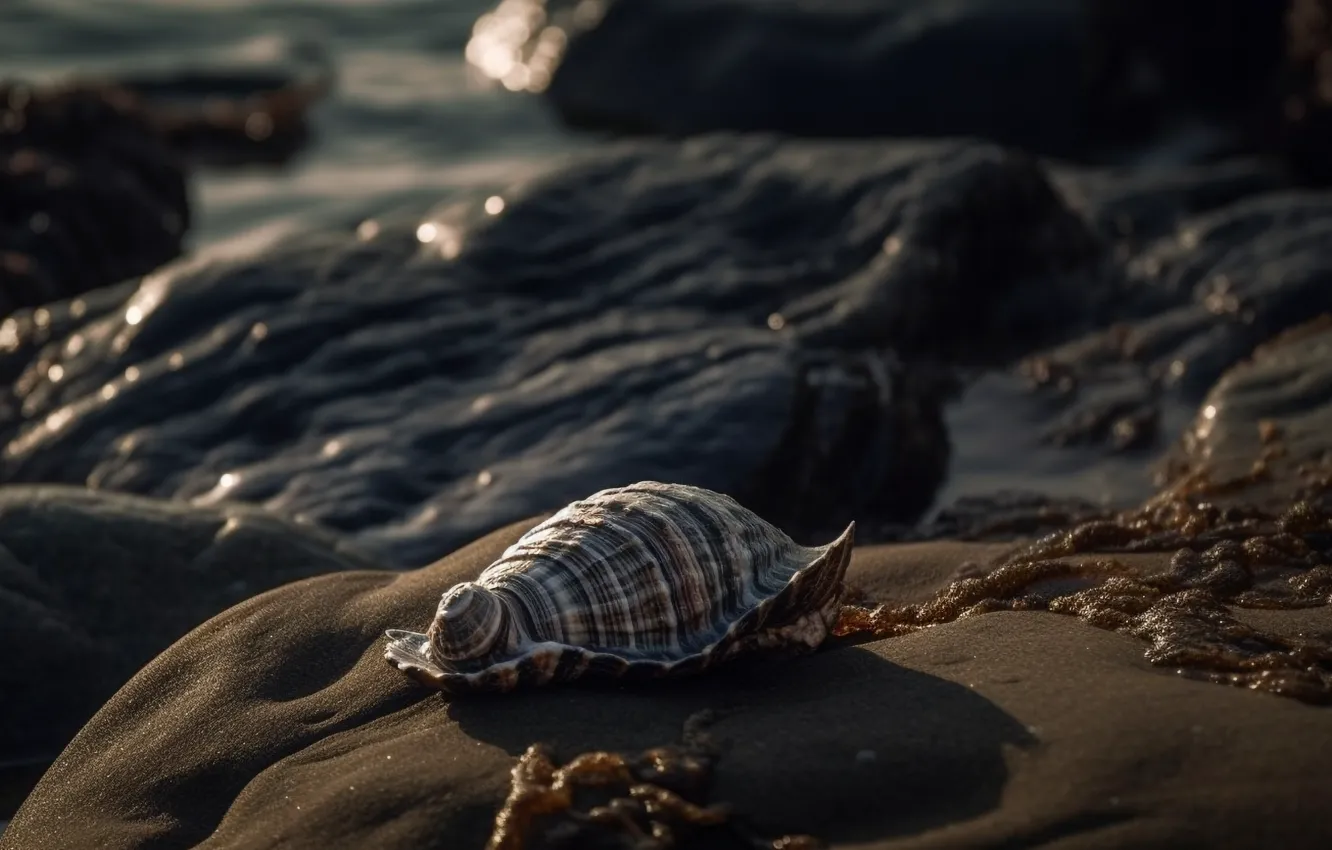 Photo wallpaper stones, rocks, sink, shell, shellfish, coast, digital art, AI art