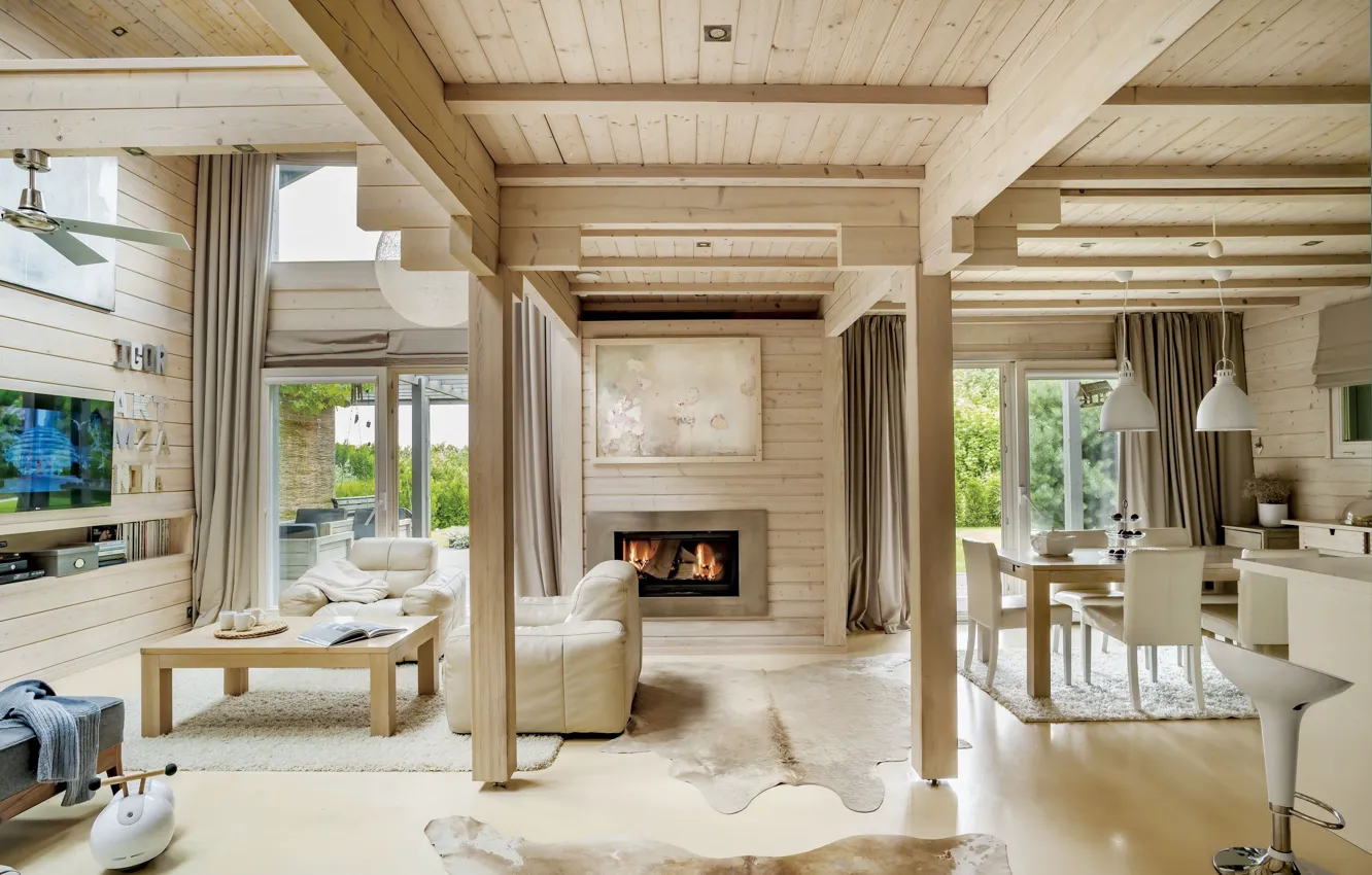 Photo wallpaper interior, fireplace, living room, dining room