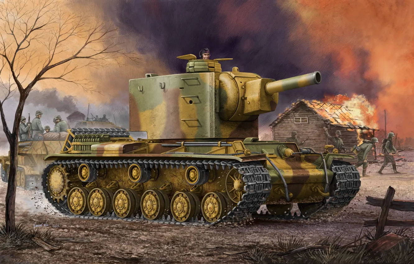 Photo wallpaper war, art, painting, ww2, Kliment Voroshilov, KV-2, captured tank