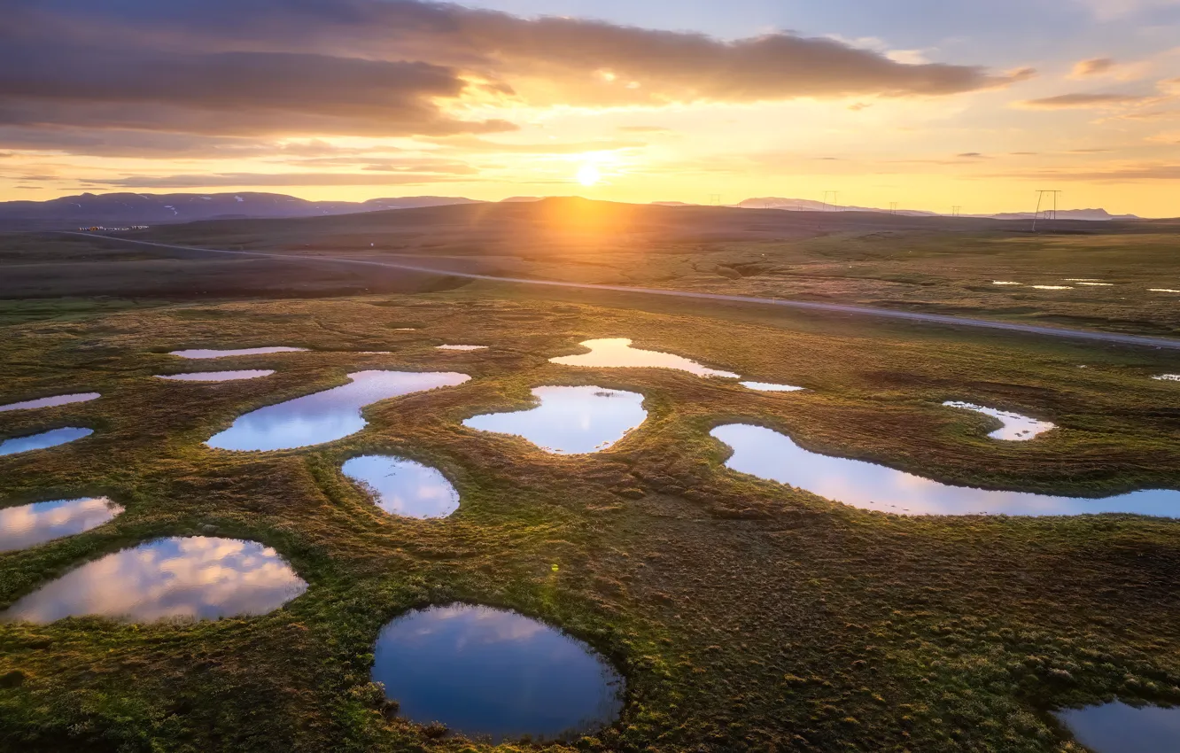 Photo wallpaper road, the sky, water, the sun, clouds, light, line, sunset
