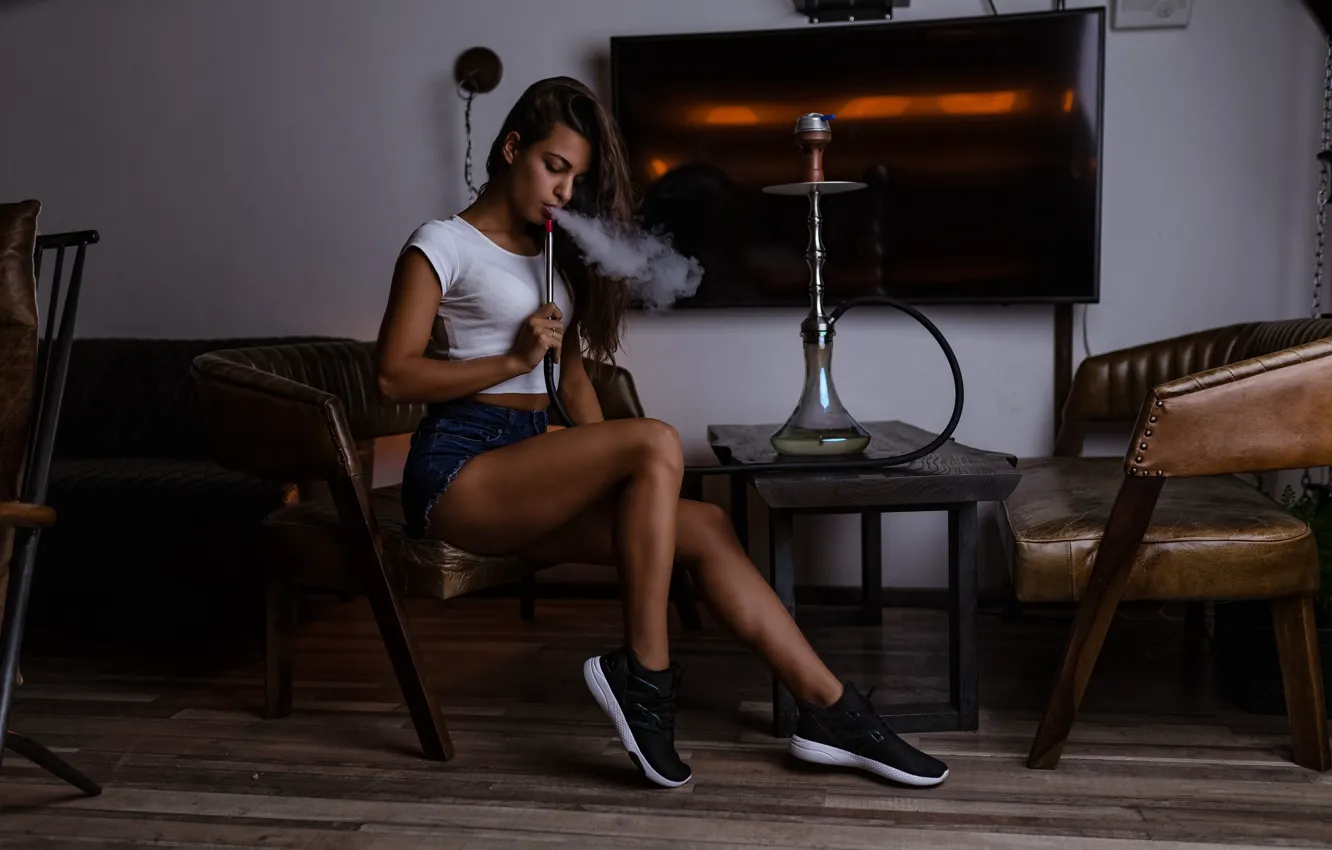 Photo wallpaper girl, smoking, Model, shorts, long hair, legs, smoke, brown hair