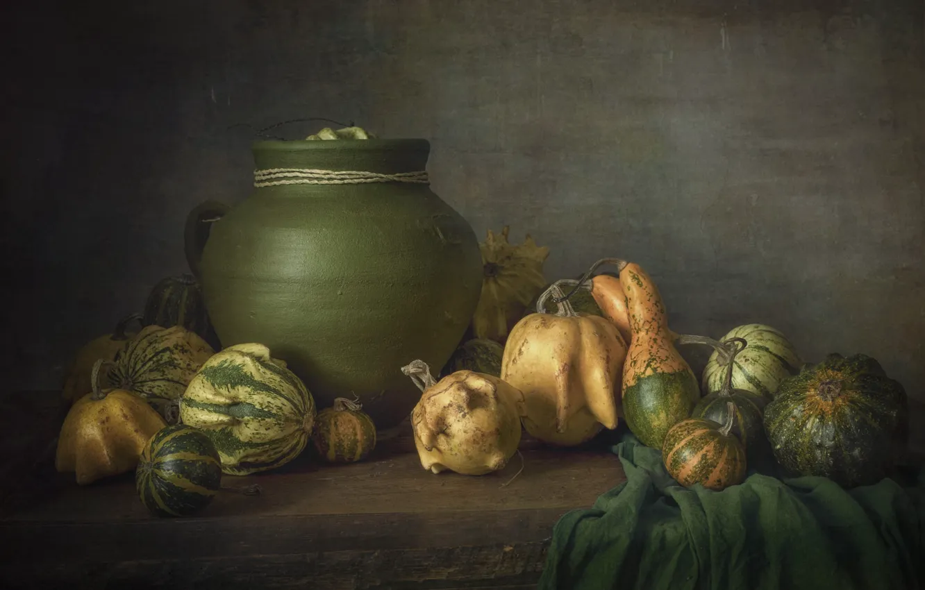 Photo wallpaper table, Board, food, fabric, pumpkin, pot, still life, different